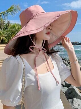 Women Wide Brim Summer Sun Hat Wired Edge Beach Bucket Fishing Hats Pink Beige